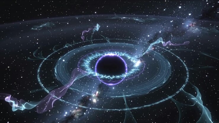Nucleo pulsante che emette un anello blu e nastri viola, con increspature che si espandono e creano un'orbita nello spazio.