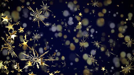 animation of christmas gold stars and snow falling on black background