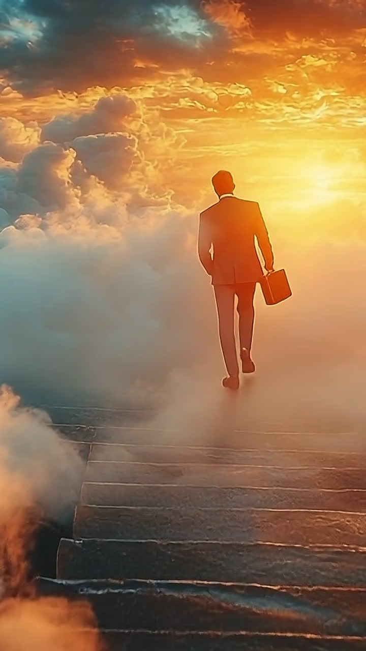 Man walking to sunset clouds. A man in a suit ascends steps into colorful clouds at sunset, evoking a surreal, peaceful vibe.