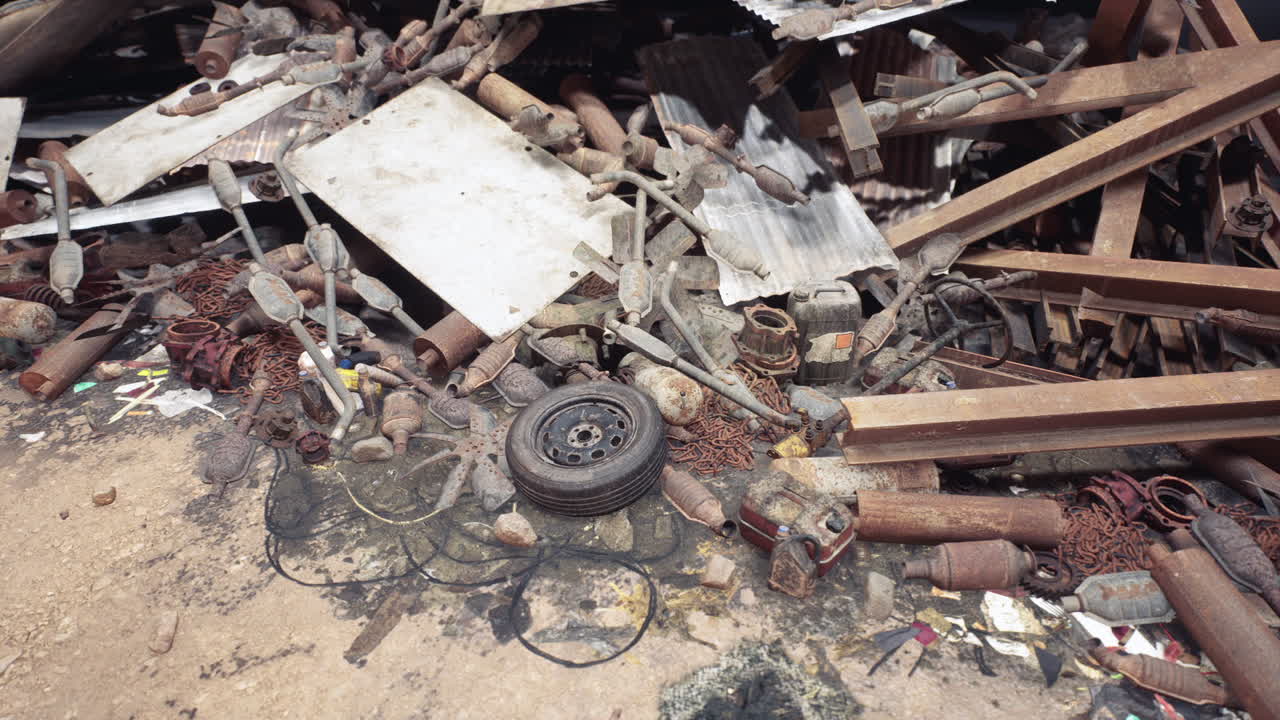 Collection of discarded metal and debris at a construction site in daylight