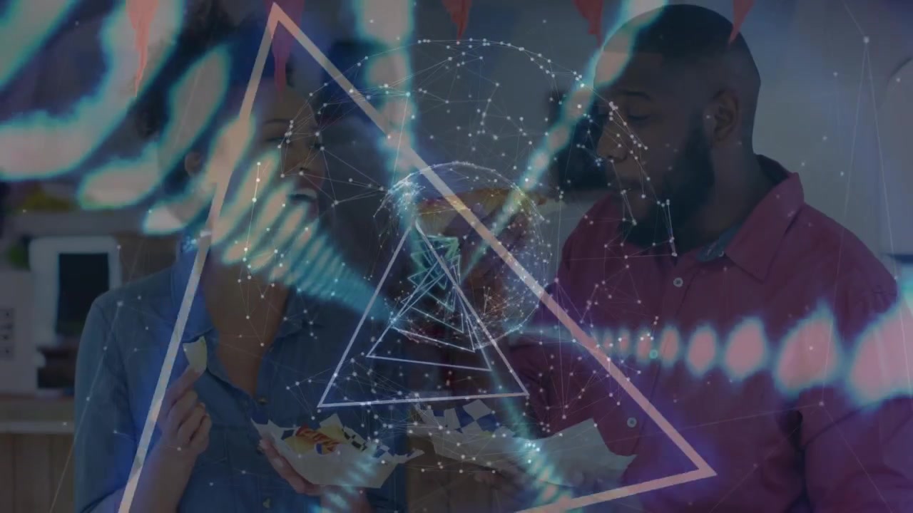 Animation of neon lights and triangles moving over diverse woman and man eating fast food