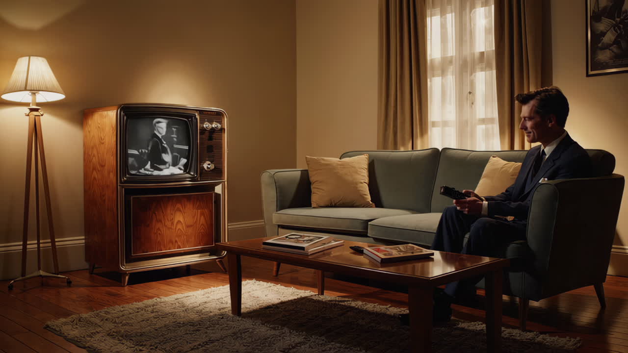 A person changes channels on a vintage Zenith television, showing various black and white programs