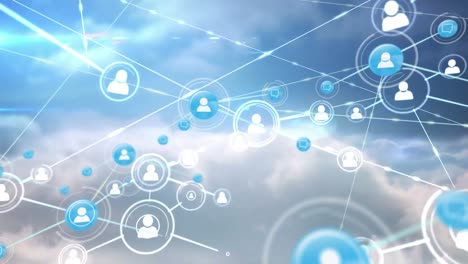 animation of networks of connections with icons over sky