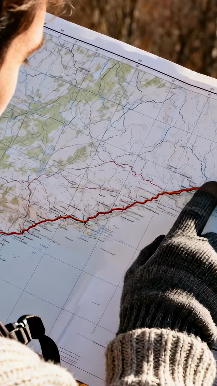 Vertical video: Stopping at trail to plan, hiker tracing red route on contour map with gloved hand