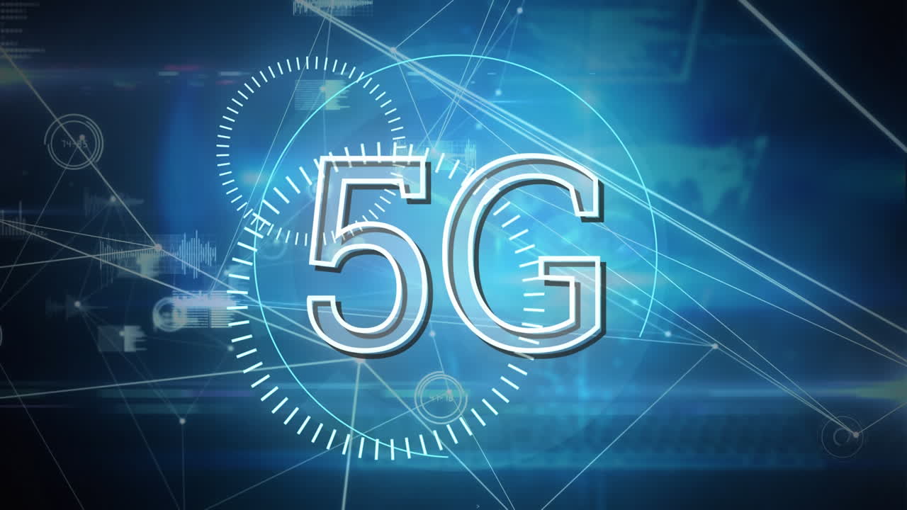 animazione di 5g scritta su connettori in movimento su sfondo blu