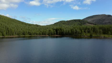 Antena-Sobre-El-Lago-Nisser-Hacia-Un-Bosque-Con-La-Cordillera-Langfjell-Al-Fondo,-Treungen,-Telemark,-Noruega