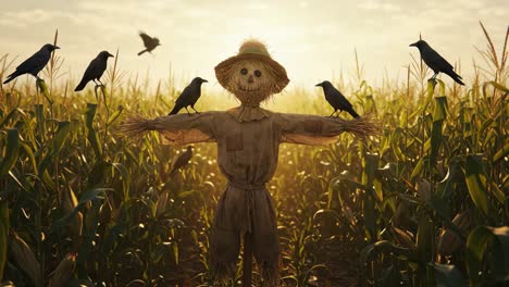 a scarecrow stands vigilantly in a sunlit cornfield, surrounded by crows, protecting the harvest and adding character to the rural landscape