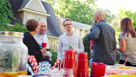 middle aged and senior neighbours talking at a block party