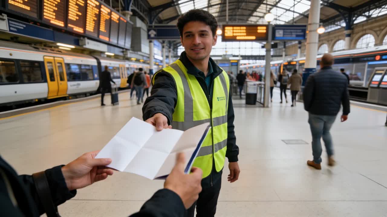 Receiving staffer in yellow vest checking pamphlet for schedule at busy train platform, speaking