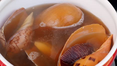 woman hand opens the lid at the red pan with boiled giant sea snail