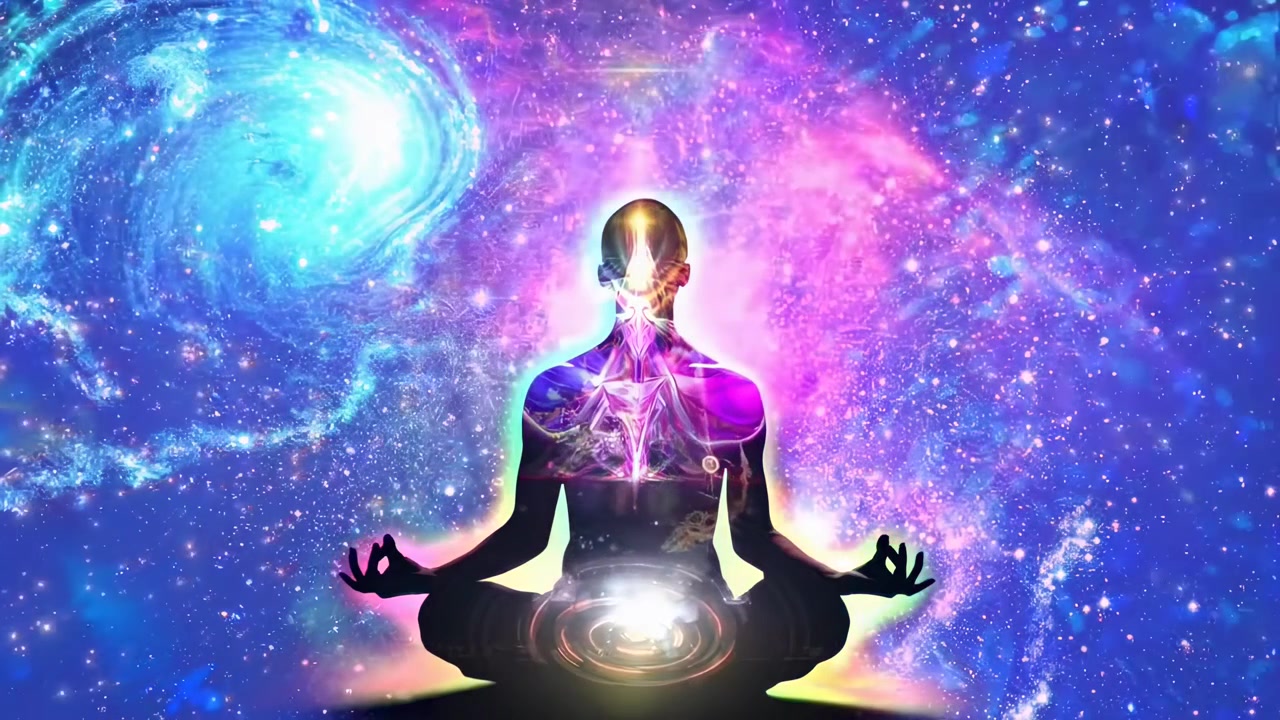 Persona che medita con chakra luminosi contro una galassia vibrante