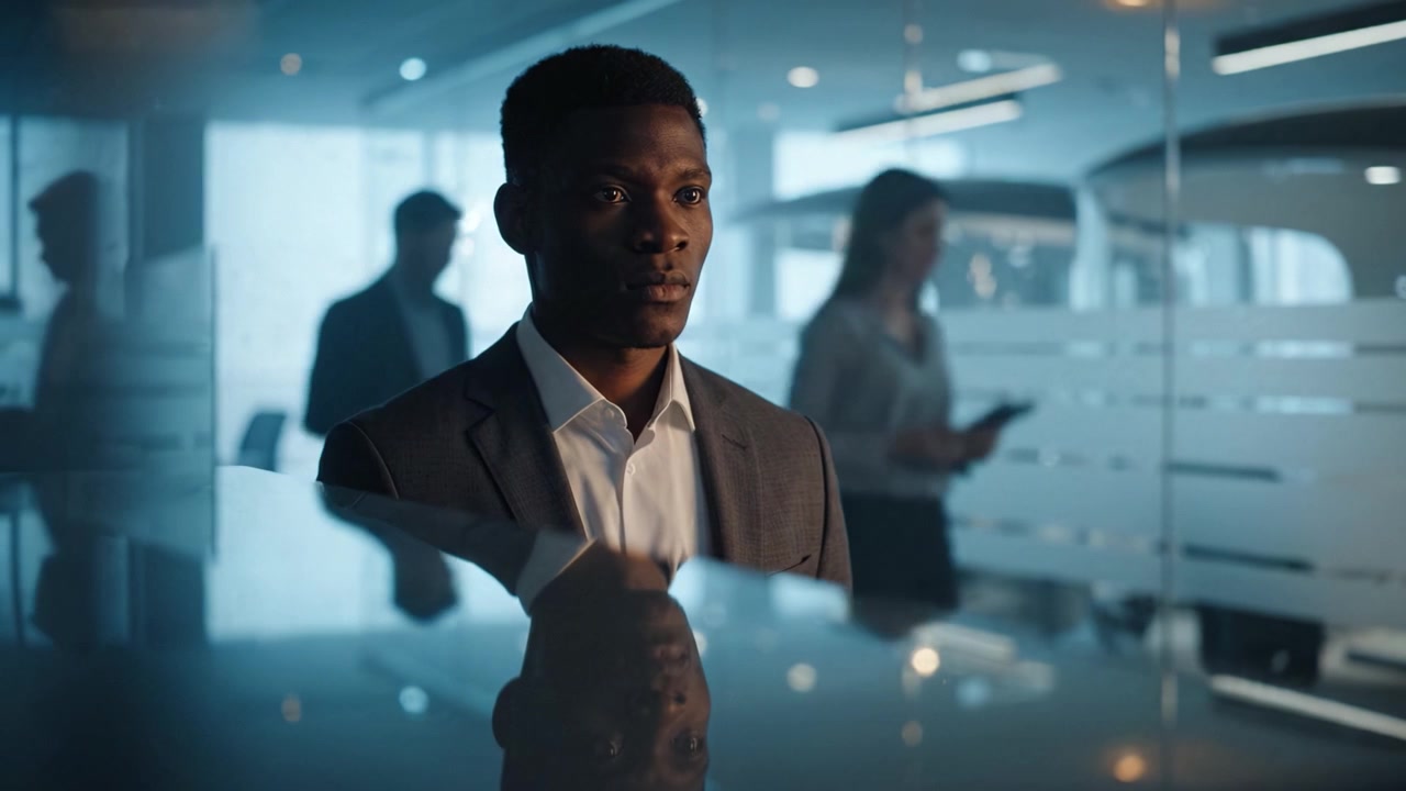 A businessman gazing thoughtfully through a glass partition, reflecting his contemplative mood in a modern office setting, contemplating future decisions and challenges.