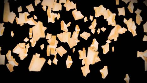 Flying many plain bread slices on black background. Foodstuff, Food and eating concept. 3D animation of wheat bread slice rotating. Loop animation.