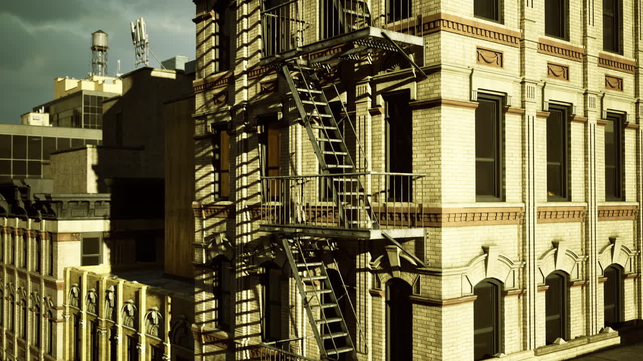 Historic building with fire escape under cloudy sky in an urban setting