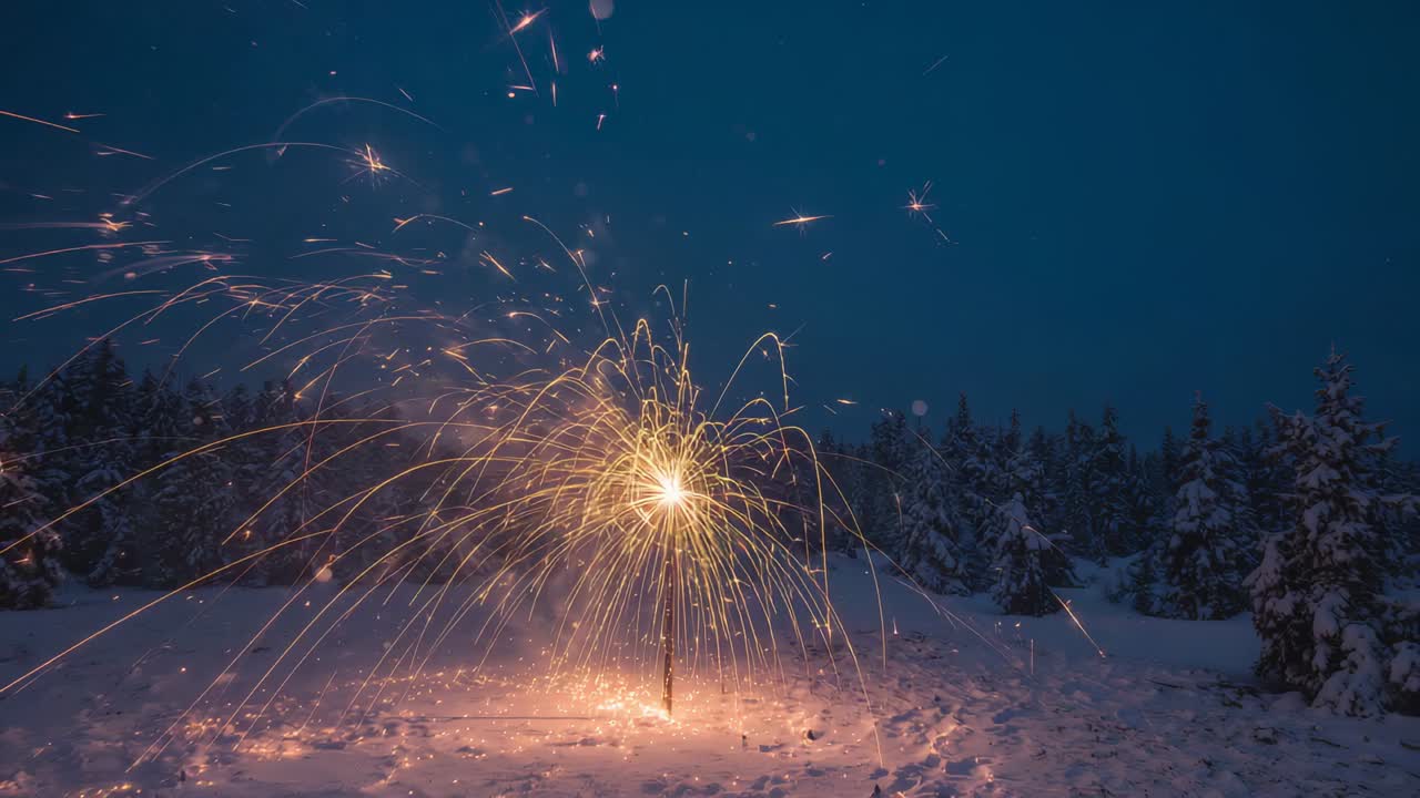 Igniting fountain on stake sending sparks and smoke across snow clearing at dusk, creating glow