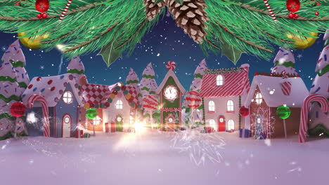 christmas village animation with snowflakes and pine branches