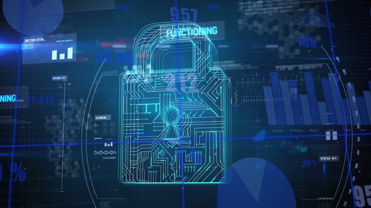 Animation of scope scanning over security padlock icon and statistical data processing