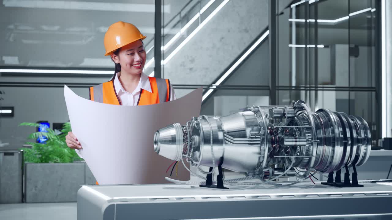 ingegnere donna che esamina il progetto del motore del razzo