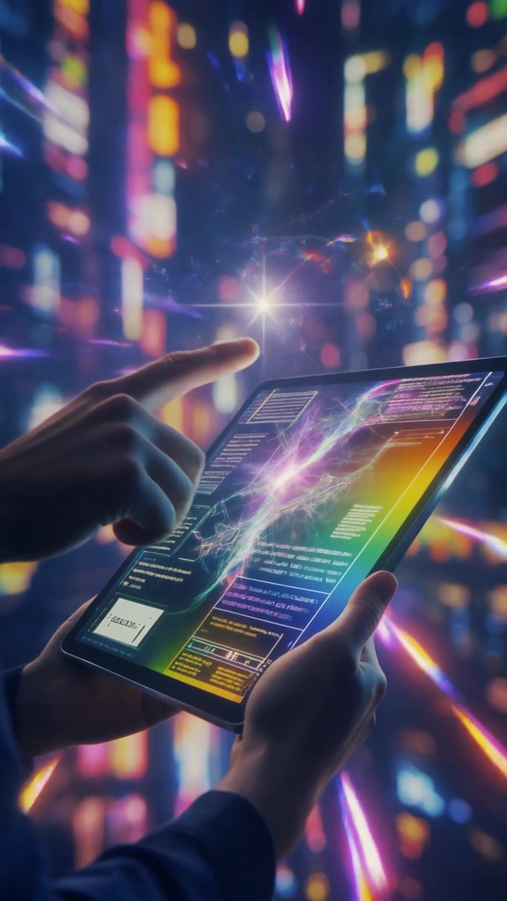 Person Interacting with Futuristic Data Interface on Tablet
