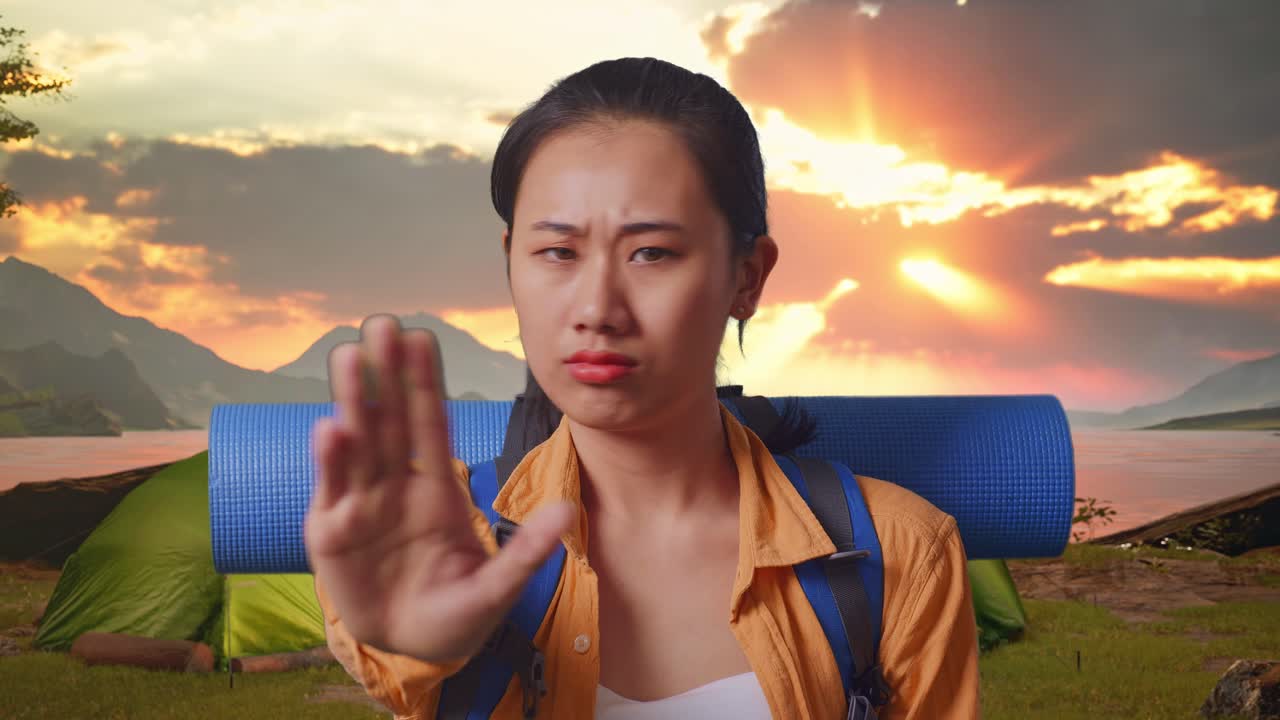 Woman Rejecting Camping Trip at Sunset