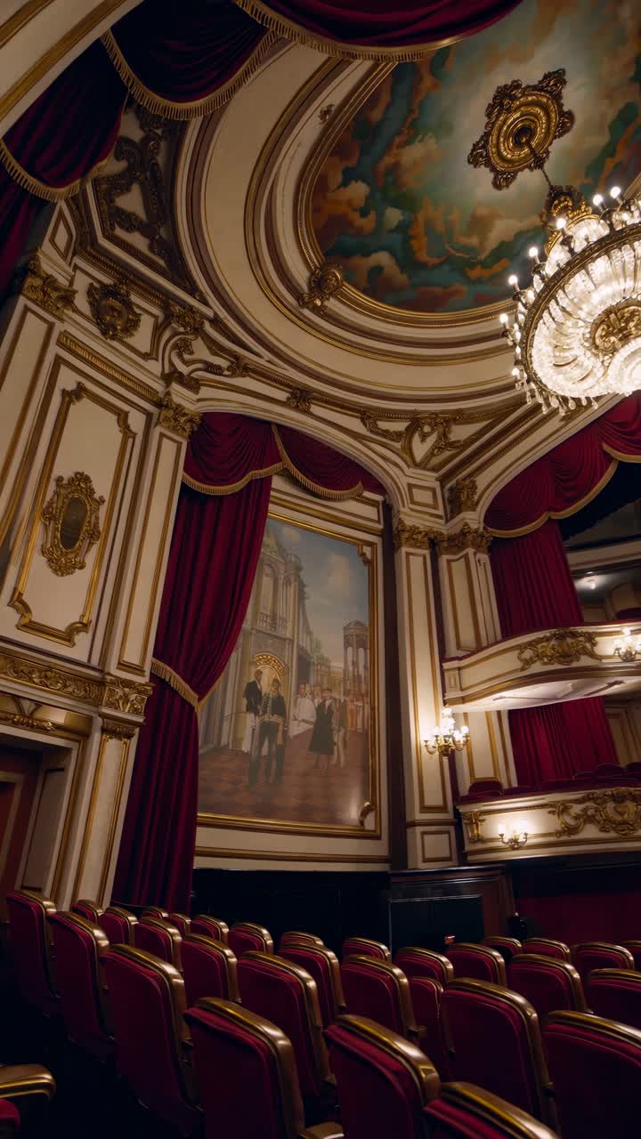 Elegante interno di un teatro con decorazioni elaborate e tende rosse, ripreso da una angolazione bassa, perfetto