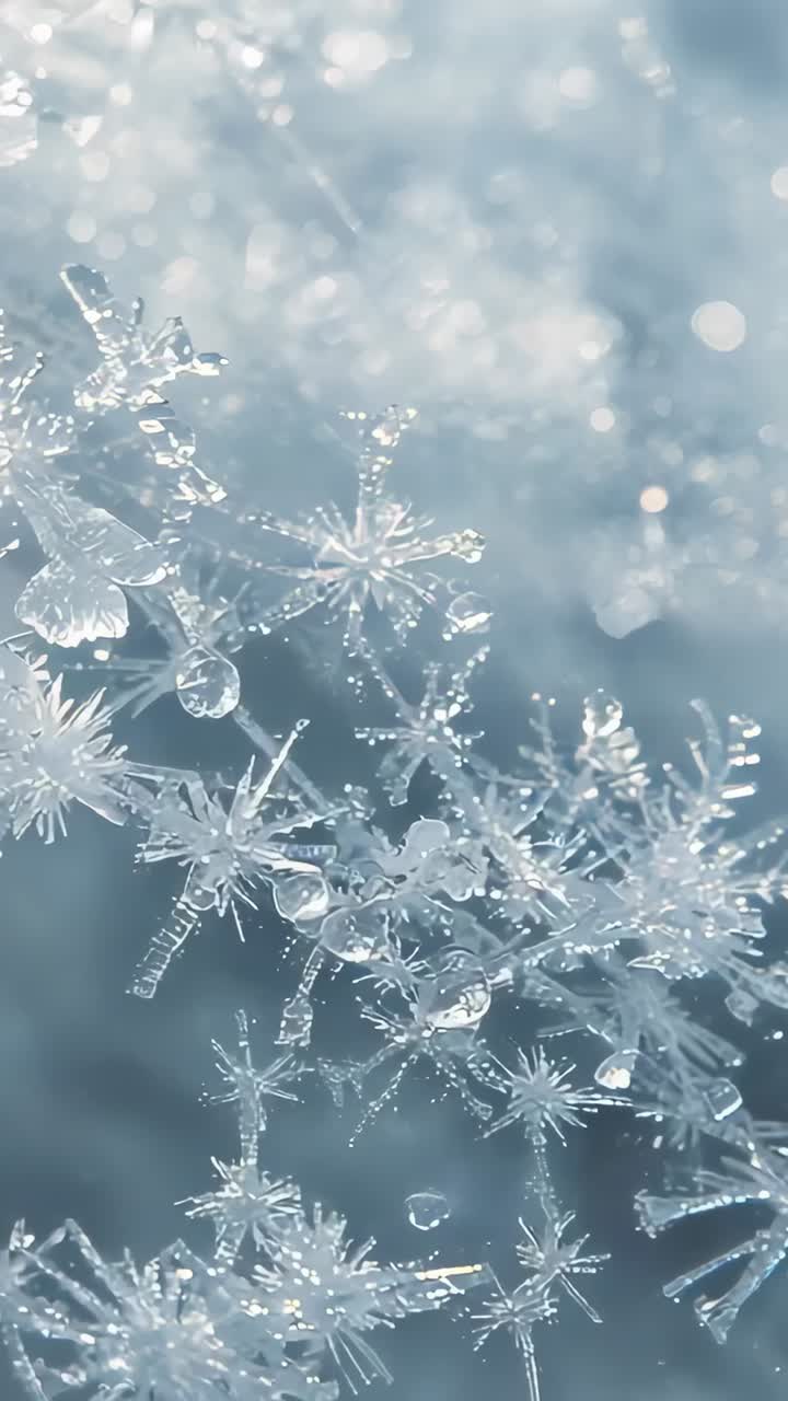 Vertical video: Shifting focus showing ice crystals moving slightly, droplets brightening on glass