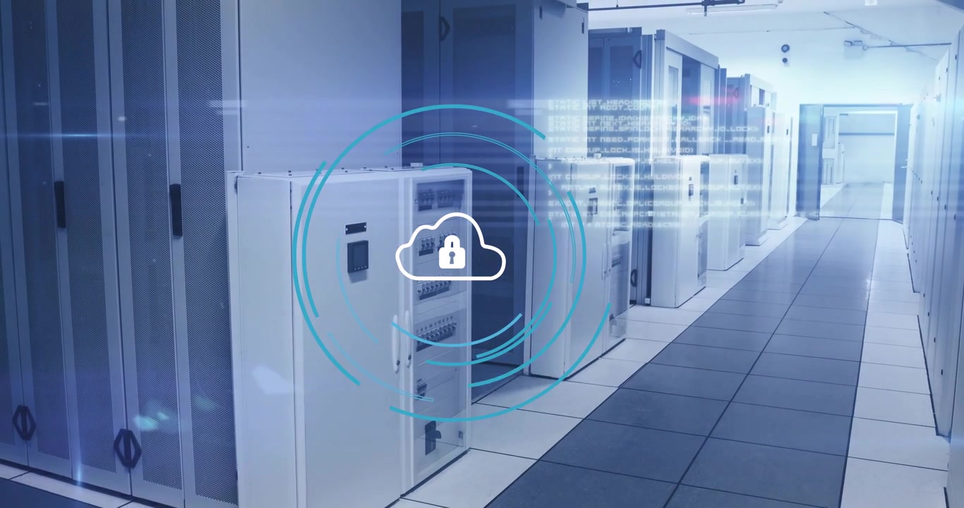 Digital Cloud Security Icon Over Server Room Infrastructure