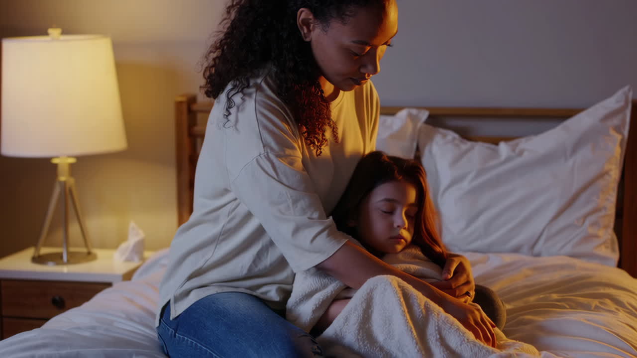 Mother comforting her child in bed at night