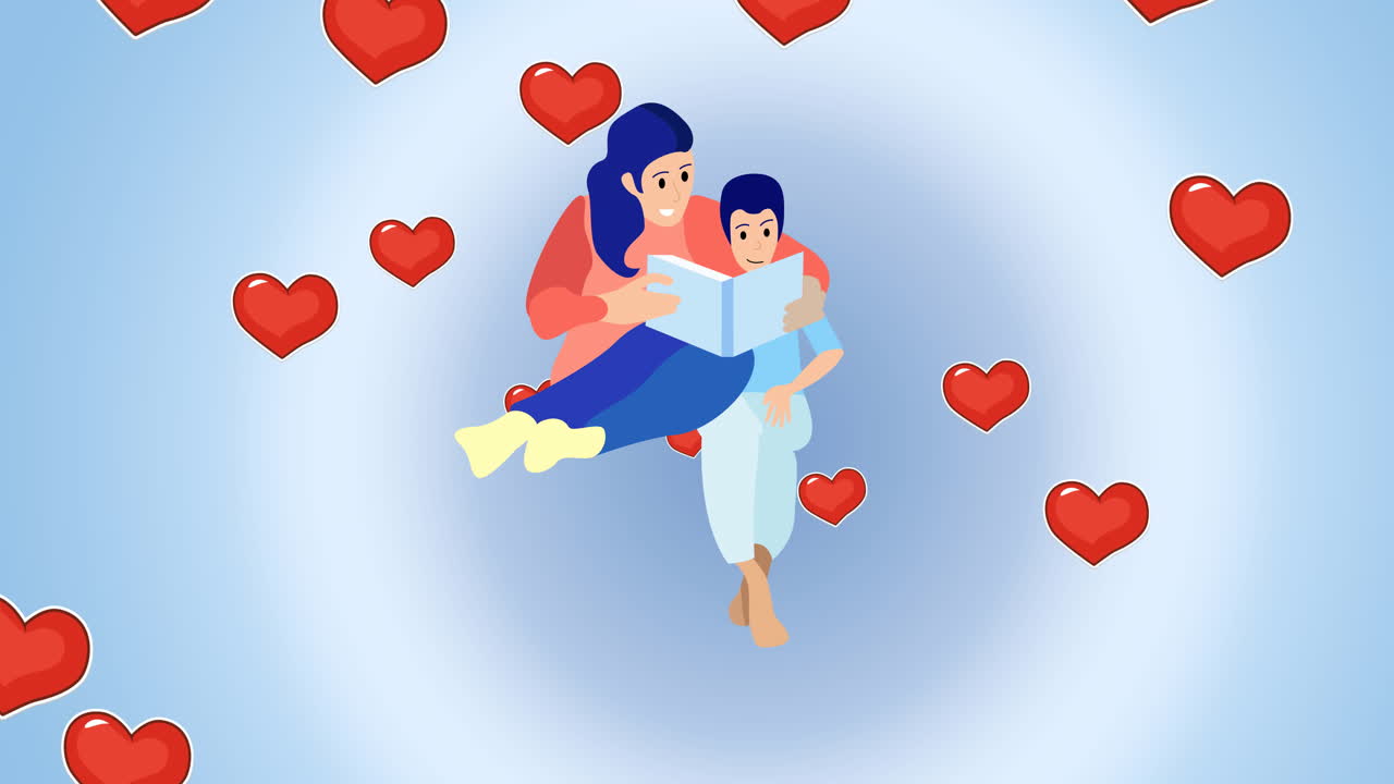 Composición de familia abrazándose sobre iconos de corazón.