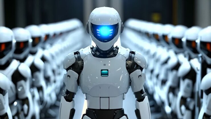 Un robot in piedi davanti a una fila di robot