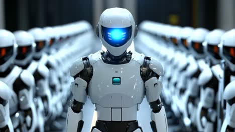 a robot standing in front of a line of robots