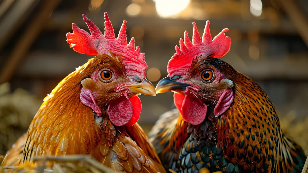 Colorful roosters close up in a barn. Two vibrant roosters stand face to face in a barn with warm sunlight streaming in, showcasing their beautiful feathers