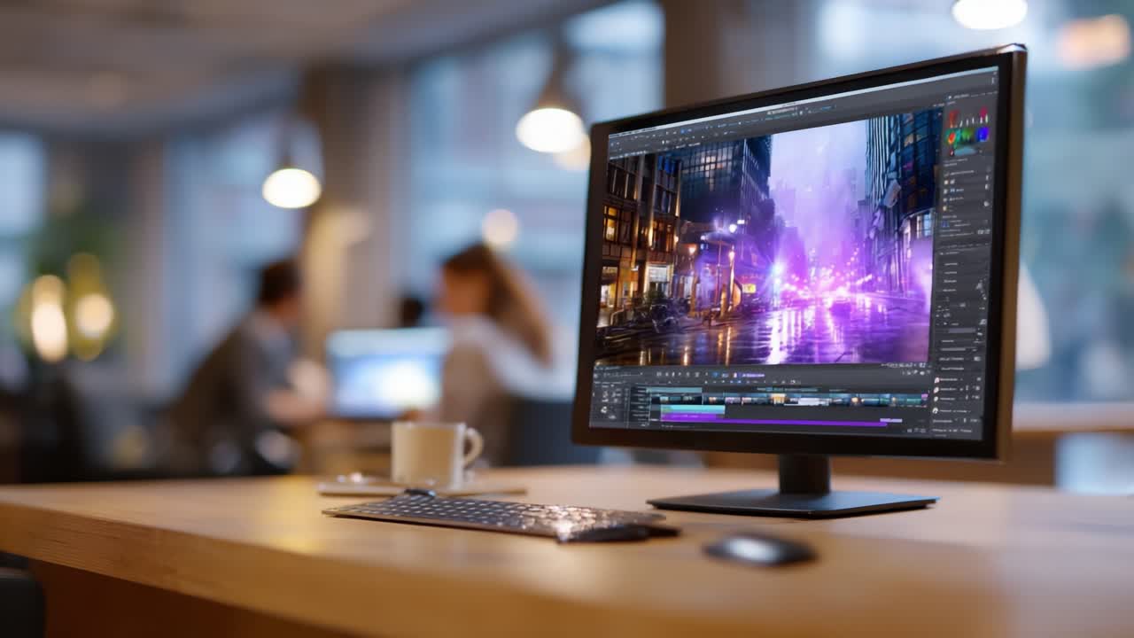 Un ambiente di lavoro moderno con un monitor che mostra una vivace opera d'arte digitale in un accogliente ufficio dall'atmosfera creativa e collaborativa