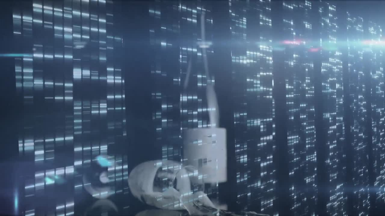 Blue spot of light and mosaic squares against champagne glass falling against blue background