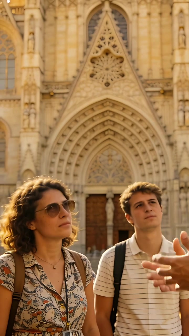 Vídeo vertical: Casal atento olhando para a catedral com o guia entrando, em passeio casual.