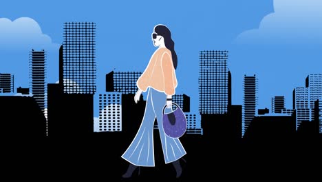 animation of fashion drawing of model over cistyscape, on blue background