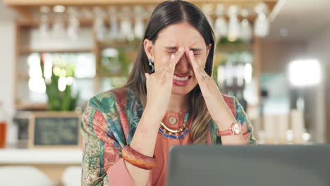 stress, headache and woman on a laptop in a cafe