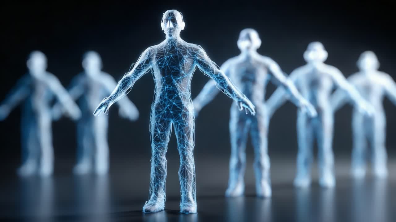 Digital Figures in a Futuristic Environment Showcasing Human-Like Forms with Glowing Blue Constructs, Representing Connectivity and Technological Advancement