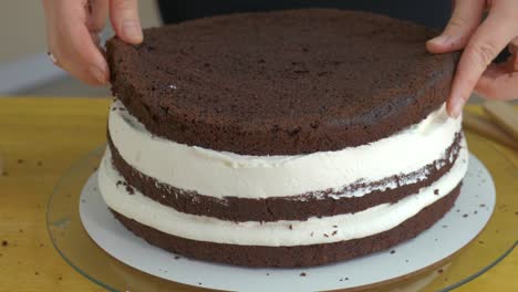 close up of woman hands making sweet cake with white cream and biscuit.