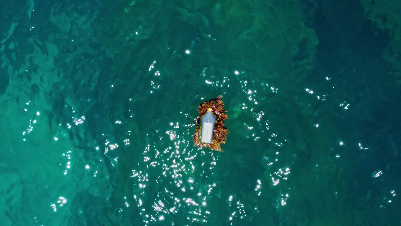 A plastic jug of oil floating in the middle of the sea, surrounded by sea weeds