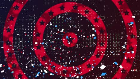 diseño de patrón de puntos y confeti cayendo sobre múltiples estrellas en círculos giratorios sobre fondo negro