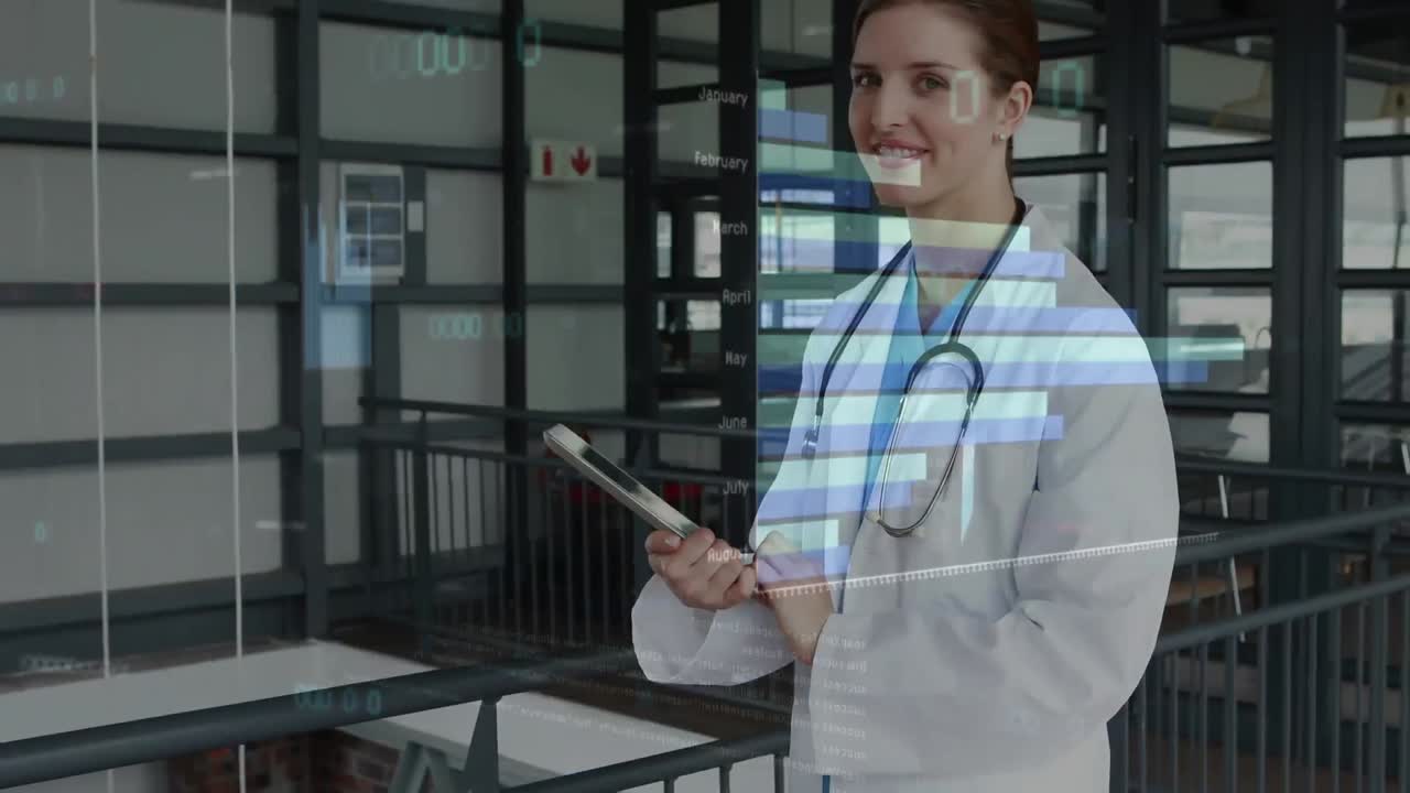 animación de múltiples gráficos y números sobre una hermosa doctora caucásica usando una tableta digital