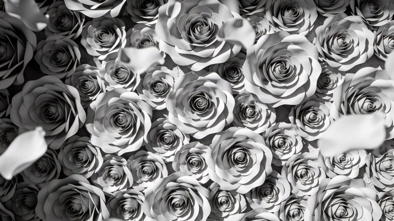 Petali sciolti che fluttuano dall'alto a sinistra, attraversando un campo di rose di carta in studio, illuminati da luce soffusa.