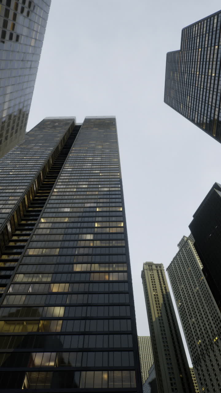 City skyscrapers tower above with glowing windows in evening light