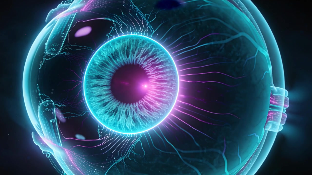 Rotating eye model after camera pull in void, revealing pulsing magenta pupil and vessels for study