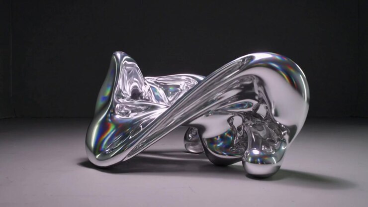 Animation starting, mirrored sculpture stretching and reclining on gray floor showing rounded feet