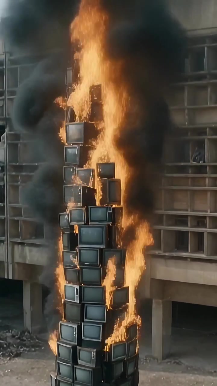 Vertical video: Flames starting low on CRT tower, burning in front of garage, creating black smoke