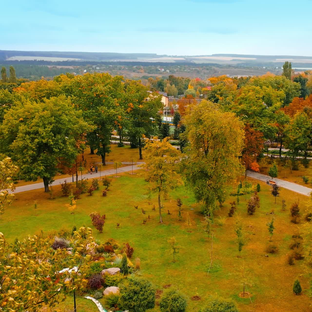 Multi-colored trees swaying in the wind in the city park. Beautiful nature in autumn season from aerial view