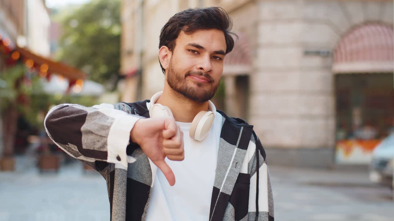 Upset indian man showing thumb down sign gesture expressing discontent disapproval in city street