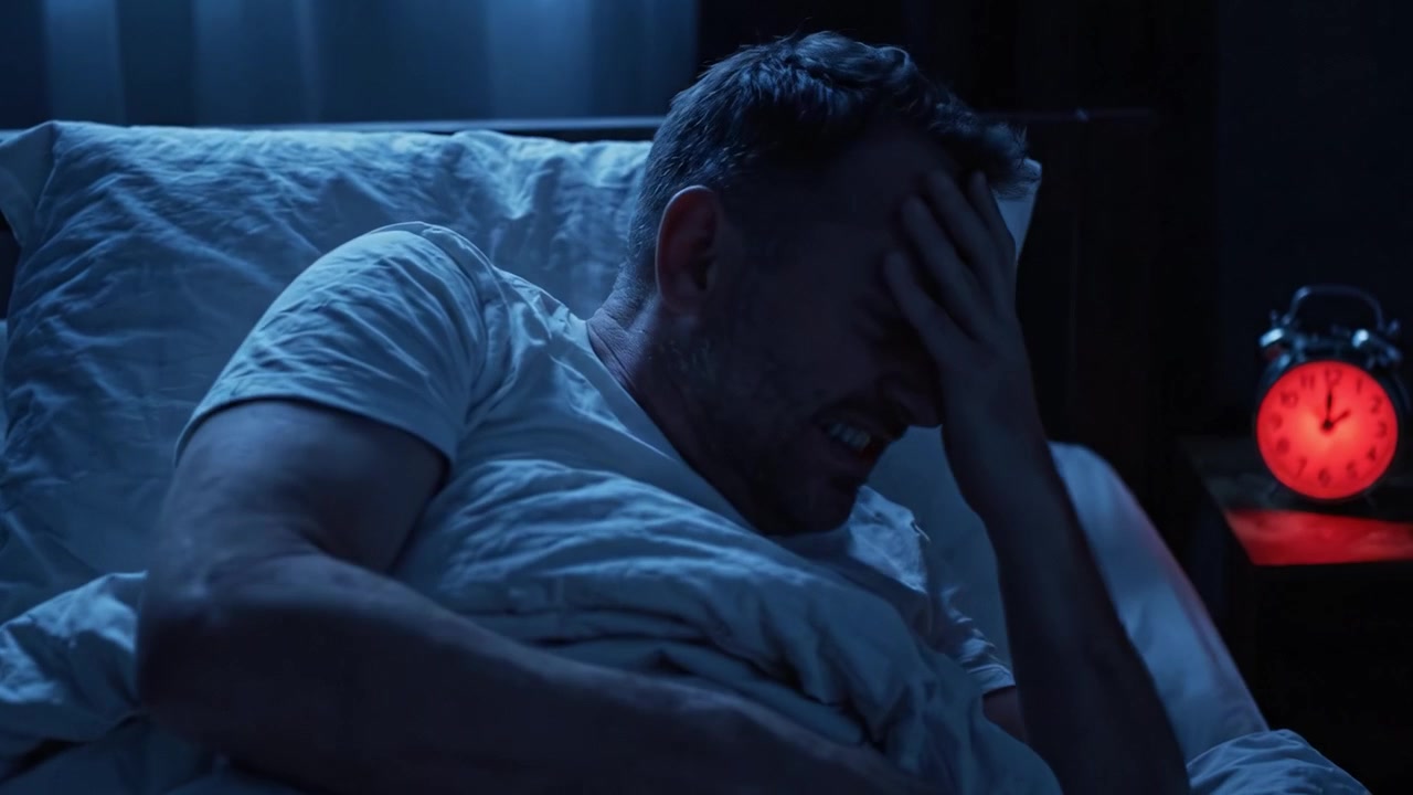 Una noche de insomnio capturada en dos fotogramas: de la inquietud a la paz, ilustrando la lucha contra el insomnio y el paso del tiempo a través del resplandor de un despertador